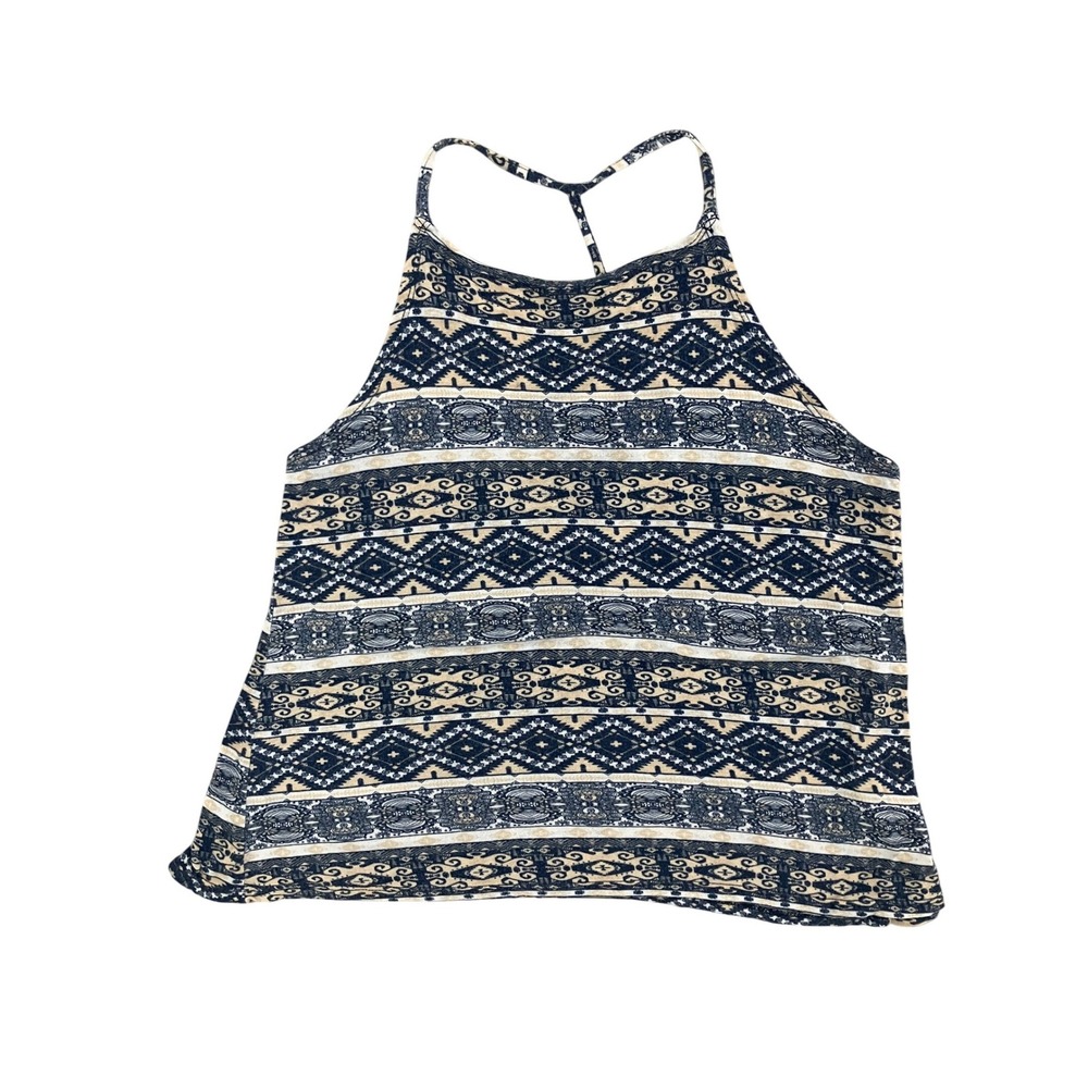 Wet Seal Womens Y2K Navy Tan Geometric Print High Neck T-Back Tank Top‎ Small